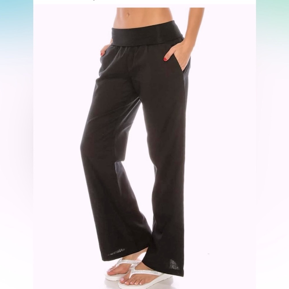 Elegant Black Wide-Leg Comfy Fold Over Linen Pants